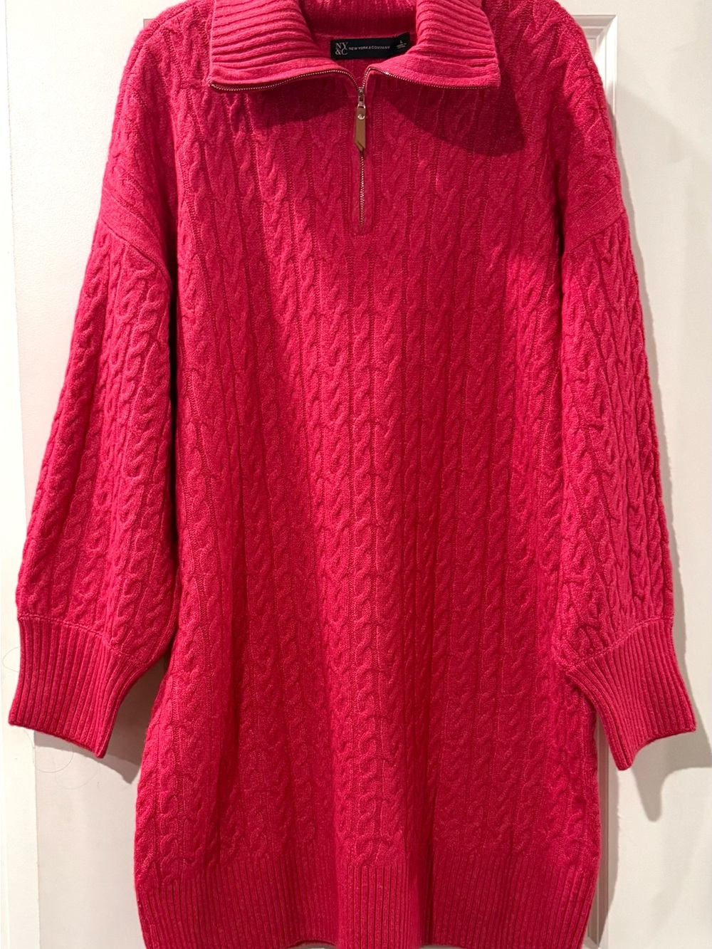 New York & Company Cable-Knit Half-Zip Sweater Tunic - Hot Pink